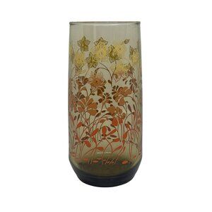 VTG 1970 Smoked Amber Floral Tumbler | MCM Flower Print Glass 6" Retro Drinkware